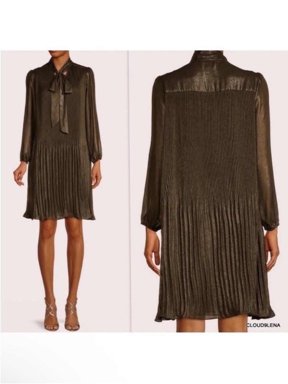 Nanette Lepore Metallic Shimmer Bow Tie Pleated Shift Dress Sz 6/M Gold Black